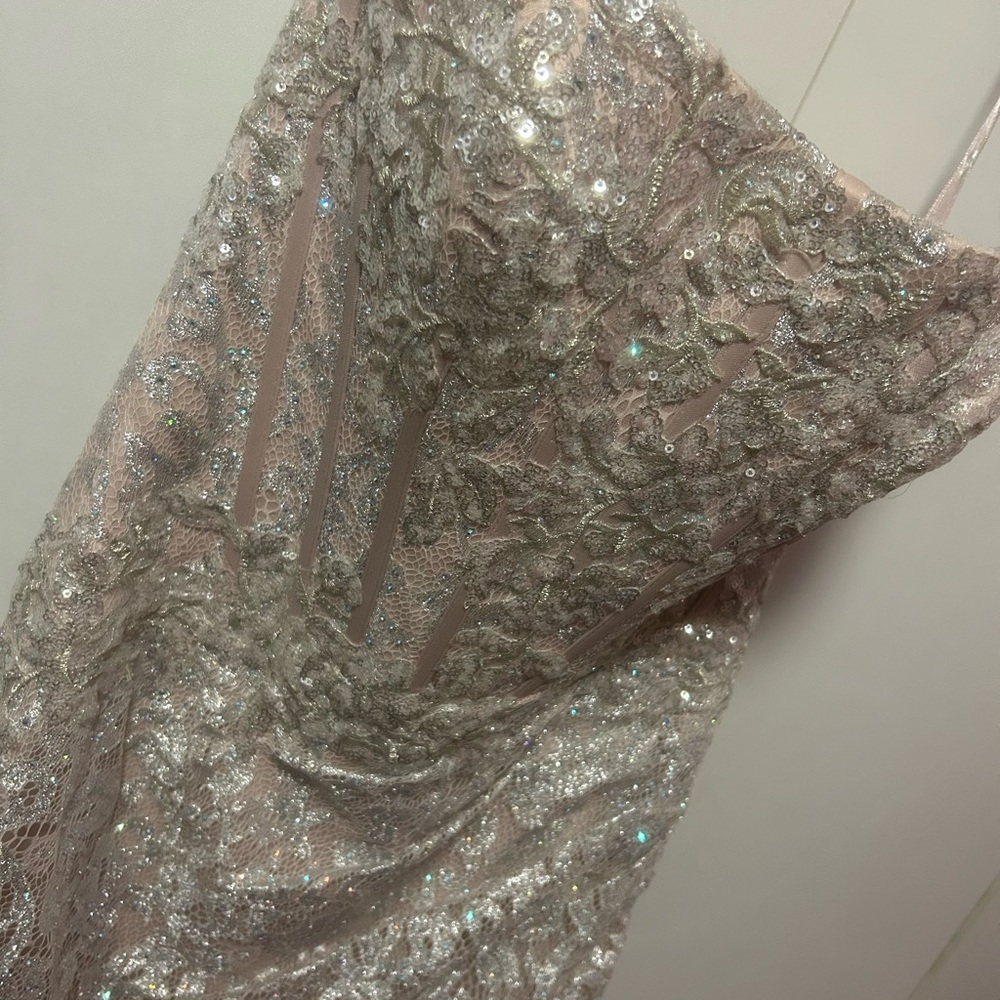 Camille La Vie Sequin Lace Dress in Silver and Cream
